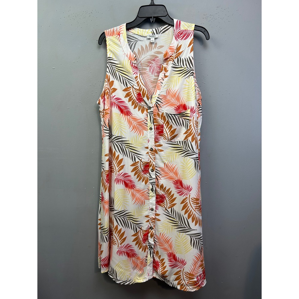 Justify Shirt Dress Women 1X White Tropical Palm Leaf Rayon Sleeveless Button Up